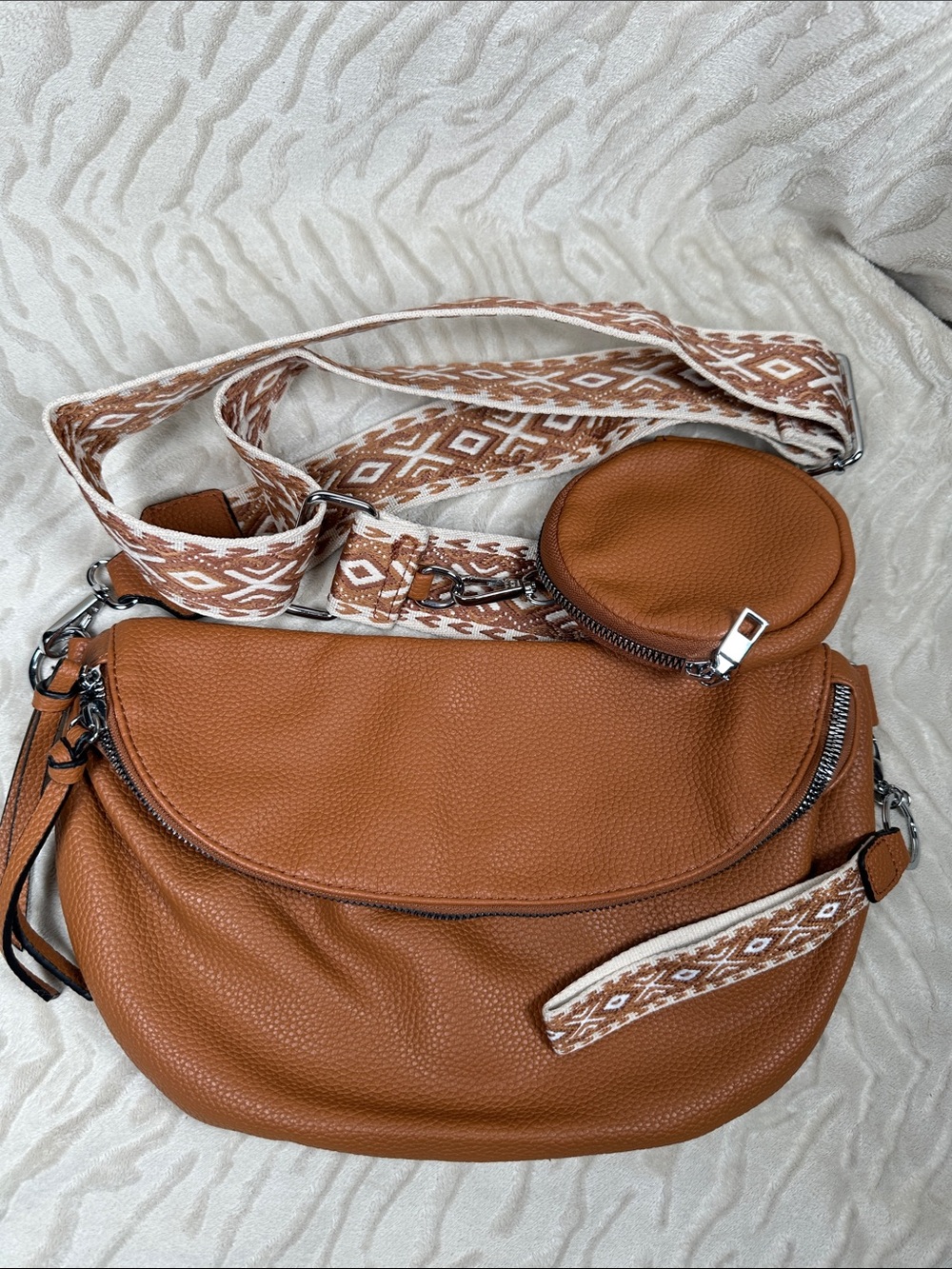 Tan Crossbody Bag with Patterned Strap No Tags